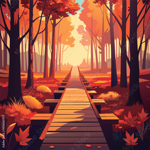 Autumnal wooden path through the forest.