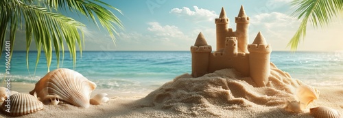 Beautiful Sandcastle on the Beach With Shells and Tropical Scenery Near the O...