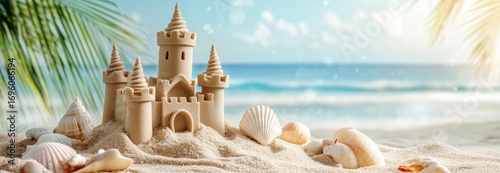Beautiful Sandcastle on the Beach With Shells and Tropical Scenery Near the O...