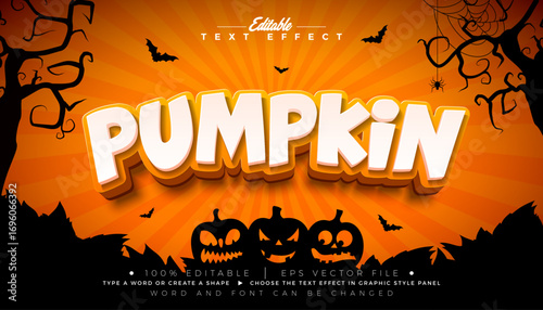 Pumpkin Text Effect Illustration Editable Graphic Style with Orange and White Typography Lettering on Scary Cemetery Halloween Background. Scalable Vector Autumn Holiday Design Template for Greeting
