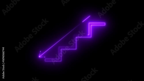 Glowing neon stairs down icon animation. Neon purple stairs down arrow sign animated on black background. 4K