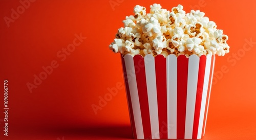 Fresh Popcorn in a Striped Container Against a Bright Red Backdrop.