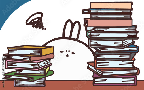たくさんの本に囲まれながらうんざりしているウサギのイラスト