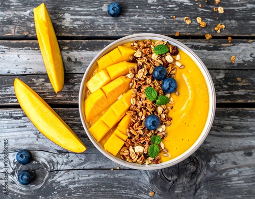 Vibrant mango smoothie bowl on rustic wood