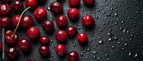 Fresh Cherries Glistening With Water Droplets on a Dark Surface After Washing