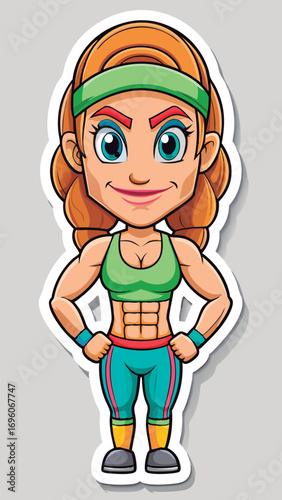 Energetic cartoon fitness woman in vibrant sports attire.