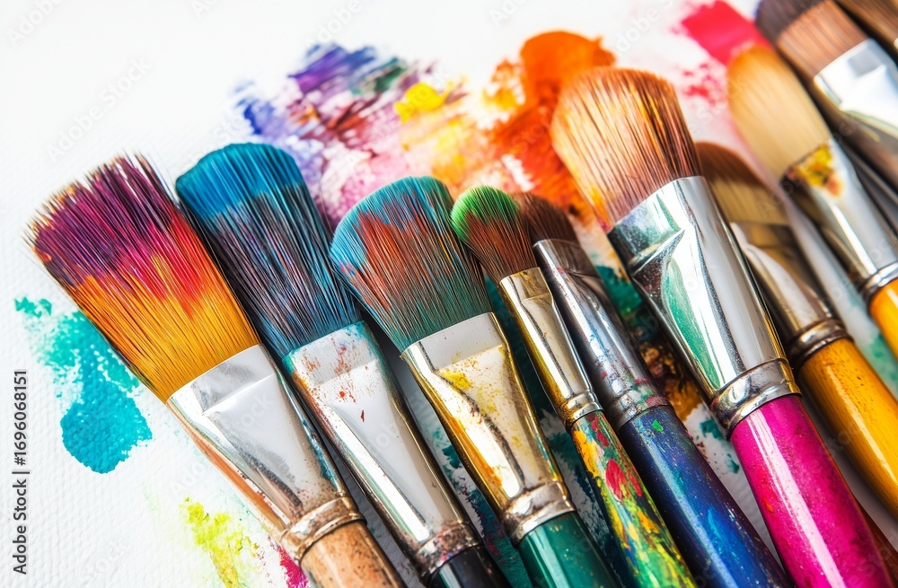 Obraz premium Colorful Paint Brushes and Vibrant Paint Splashes on Canvas Surface During an Art Project.