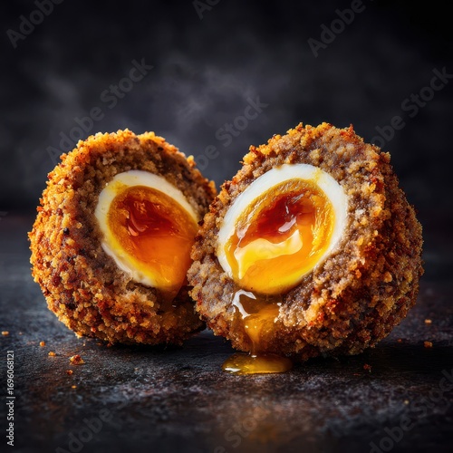 Gourmet Scotch Egg Cut in Half with a Luscious Runny Golden Yolk