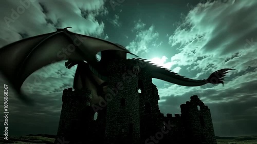 Majestic dragon soaring above ancient castle ruins under a dramatic moonlit sky