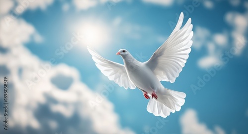 White Dove Soaring in a Bright Blue Sky With Fluffy Clouds During Daylight