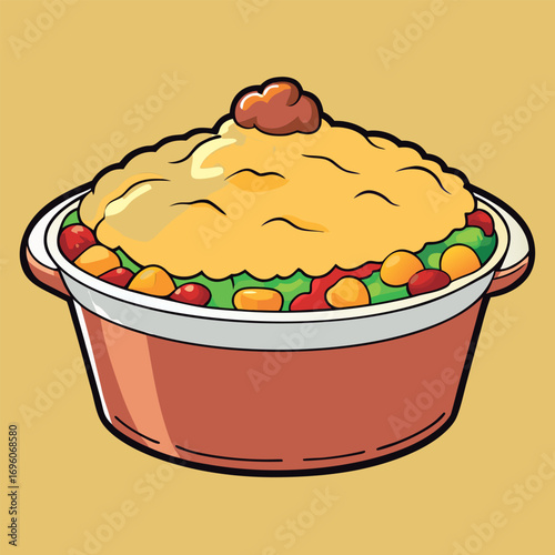 Cheesy. colorful casserole in a pot.
