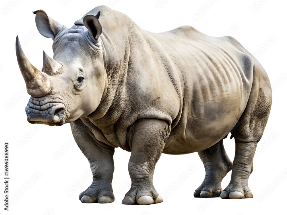 Obraz premium A majestic white rhinoceros, isolated on transparent background, stands tall, showcasing the beauty and strength of this endangered creature in its natural habitat