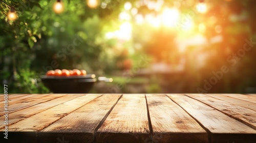 Warm Sunset Over a Wooden Table With Grill and Tomatoes in a Garden Setting