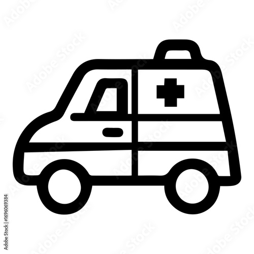 A black and white drawing of an ambulance. The vehicle is parked on a white background. The ambulance is equipped with a cross on its roof, which is a symbol of medical assistance