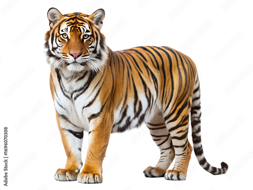 Obraz premium A majestic tiger stands tall and proud, isolated on transparent background, showcasing its striking stripes and powerful presence in a captivating full body shot