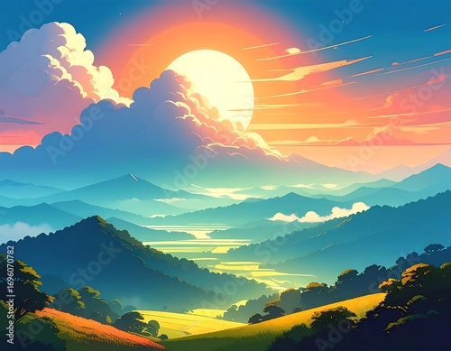 Vibrant landscape painting of sunrise over mountains
