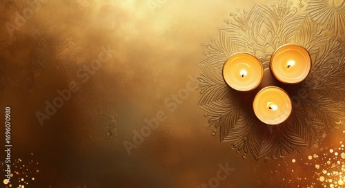 Warm Candles Glow on a Textured Gold Surface Creating a Peaceful Ambiance for...