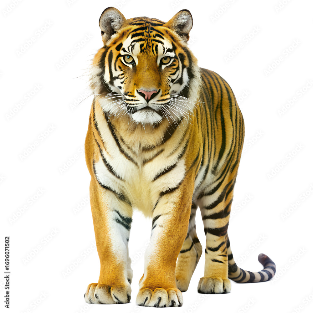 Fototapeta premium Majestic tiger isolated on transparent background, standing tall and proud, showcasing its striking orange and black stripes in a captivating portrait