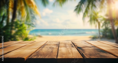 Relaxing Seaside View With Wooden Table and Tropical Palm Trees on a Sunny Da...