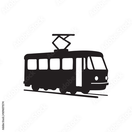 Vintage Electric Tram Car Silhouette on Tracks Symbol of Public Transportation in Urban Areas