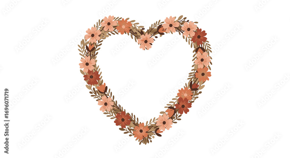 Obraz premium Floral heart frame with pink flowers and green leaves on white background 