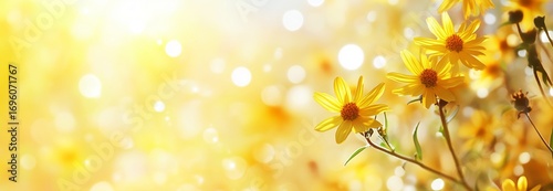 Yellow Flowers Bloom in a Bright Spring Garden Under Soft Sunlight.