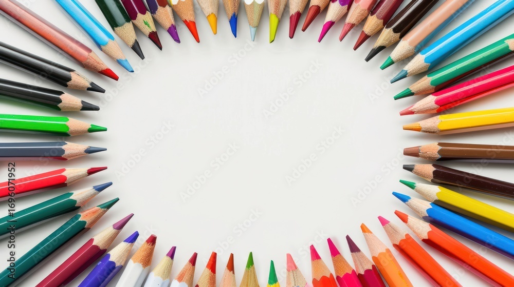 Fototapeta premium Dynamic circle composition of vibrant colored pencils on a pristine white canvas