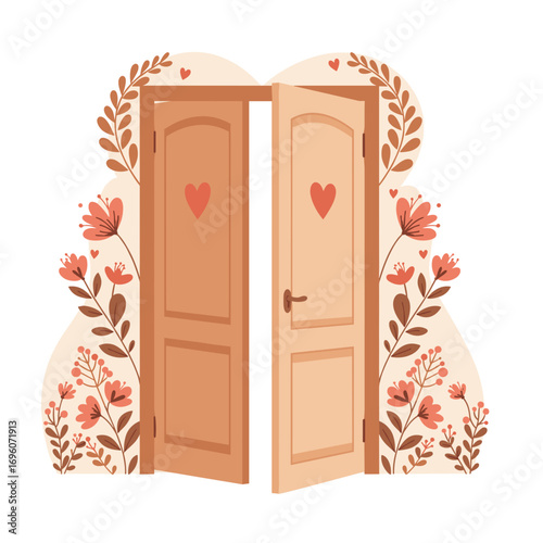 Decorative open doors with floral design and hearts for New Year 2026  