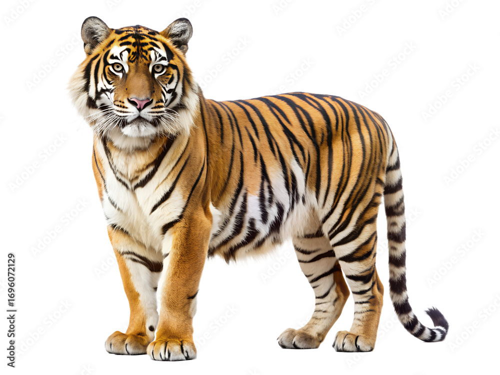 Fototapeta premium A stunning bengal tiger standing gracefully, isolated on transparent background, displaying its vibrant orange and black stripes in a captivating full body shot