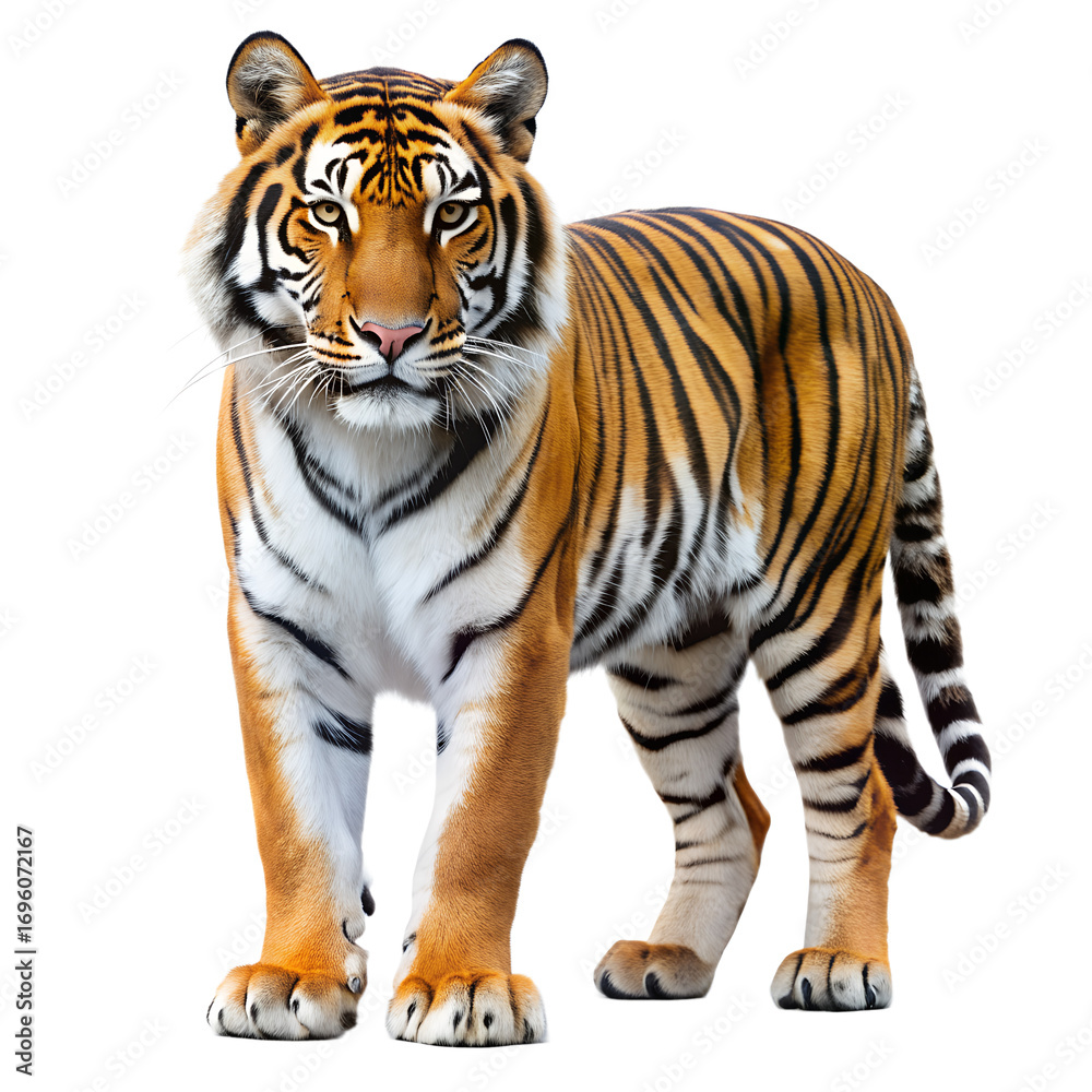 Obraz premium A majestic bengal tiger standing tall and proud, isolated on transparent background, showcasing its striking orange and black stripes in a captivating pose