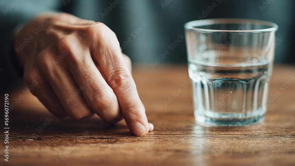 Hand Reaching for Pill Beside Glass of Water on Wooden Table in Soft Focus Hand Reaching for Pill Beside Glass of Water on Wooden Table in Soft Focus