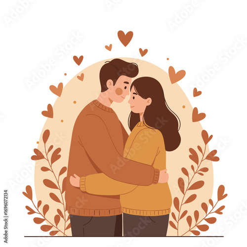 Young couple embracing surrounded by hearts and plants for New Year 2026  