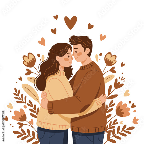Young couple hugging amidst floral decorations for New Year 2026  
