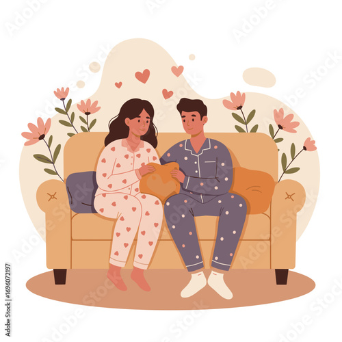 Young couple sitting on sofa sharing snacks in cozy living room for New Year 2026  