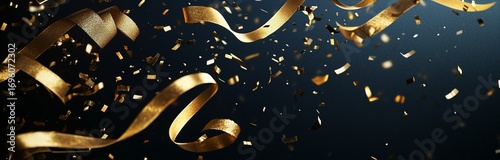 Gold Confetti and Ribbons Fall Over a Dark Background During a Celebration Ev...