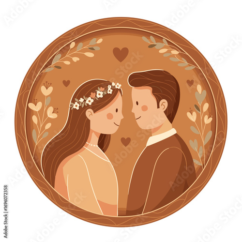 Couple gazing at each other with floral accents in warm colors - Concept of New Year 2026  