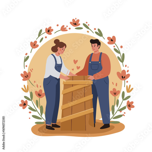 Couple assembling a wooden box together surrounded by flowers  