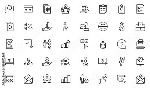 Survey icon set. Containing feedback, opinions, questionnaires, polls, research, and so on. The flat vector icon set is related to the survey—vector illustration. Thin outline icons pack
