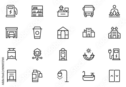 Amenities facilities line icon set. hotel parking restaurant park swimming pool. Thin outline icons pack. Vector illustration