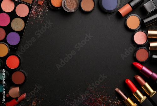 Colorful Makeup Arrangement on a Dark Background Ready for a Beauty Application