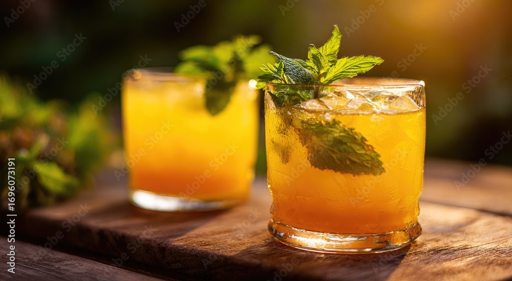Fototapeta premium Two vibrant orange cocktails adorned with fresh mint
