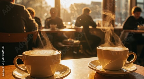Two coffees in light yellow mugs steaming on a wooden table in a cafe setting with blurred figures in the background