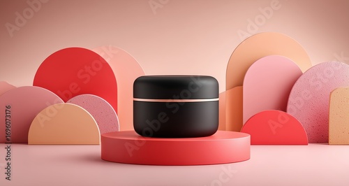 Black Container on a Colorful Arrangement of Geometric Shapes and Textured Sp...