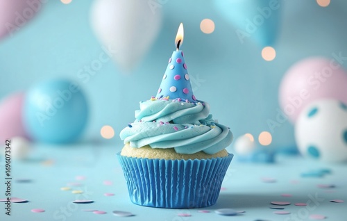 Delightful Birthday Cupcake With Blue Frosting and Party Hat on Festive Table