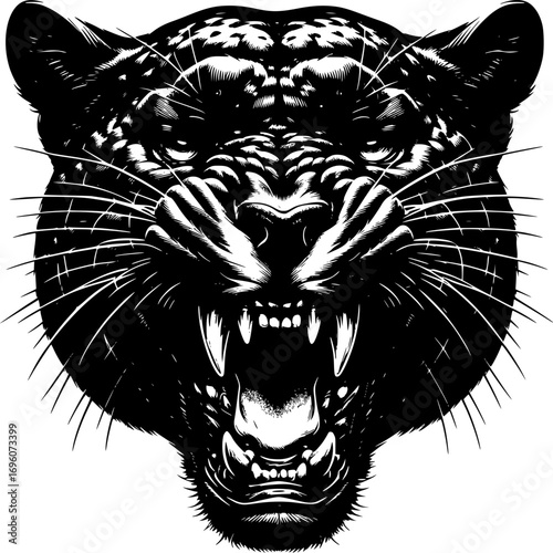 Raging Jaguar: A striking monochromatic illustration captures the raw intensity and power of a jaguar, its menacing roar and sharp fangs conveying a sense of untamed wildness.