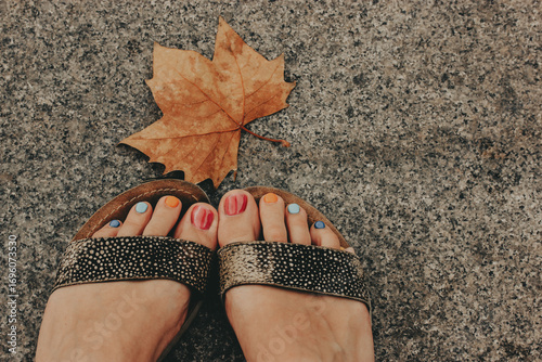 Autumnal Women's Feet and Leaf. A person's feet in sandals with colorful painted toenails are next to a fallen maple leaf on textured surface. A dry autumnal leaf lies on the ground in an autumn park.