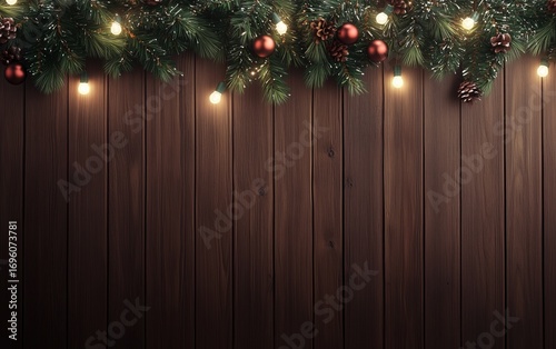 Festive Holiday Decorations Featuring Pine Branches and Warm Lights on Dark W...