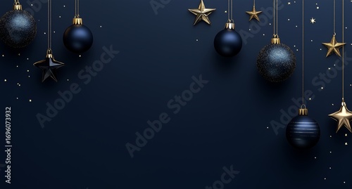 Elegant Holiday Decorations With Blue and Gold Ornaments Hanging Against a Da...