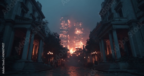 Destruction in the City as Flames Engulf Skyscrapers During Nighttime