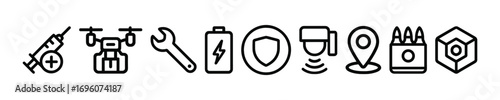 Weapons and ammunition vector outline icon set